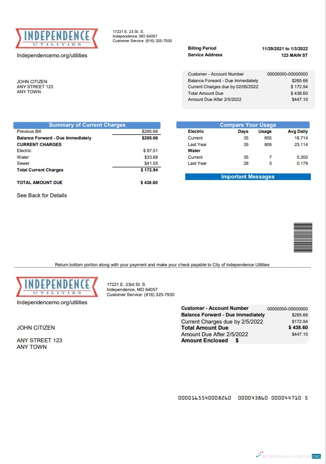 download USA Missouri Independence Utilities utility bill template in Word and PDF format PDF template